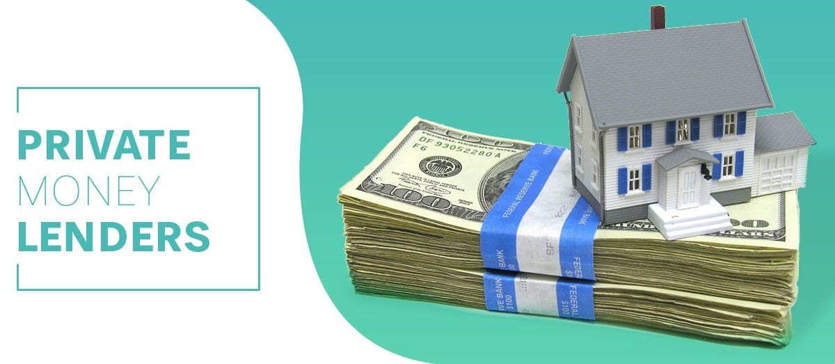 Model house on stack of cash with 'Private Money Lenders' text on green background.